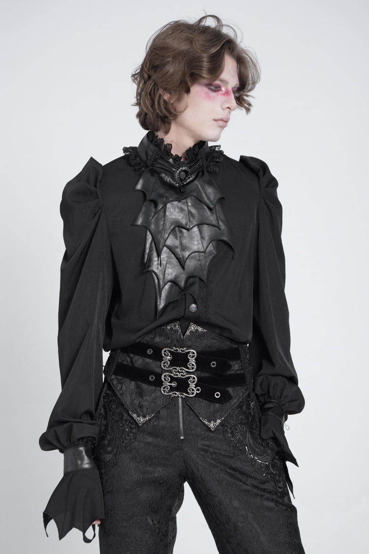 Schwarze Stehkragen Langarm Puffärmel Herren Gothic Fledermaus Bluse 