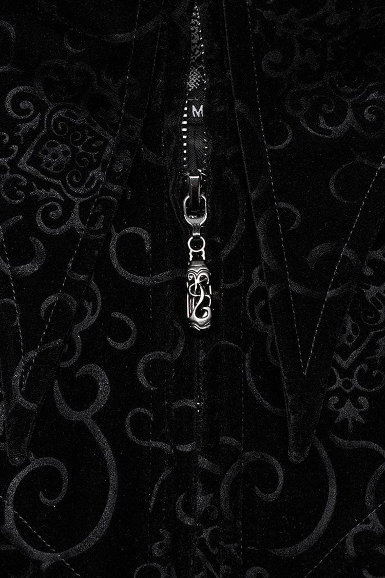 Black Stand Collar Jacquard Print Waist Cord Decoration Mens Gothic Mid Length Coat