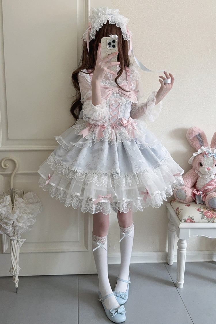 Robe Jsk Lolita Ballet Douce Slim en Dentelle à Nœud à Volants Sans Manches [Île Fleishi Bleue] 