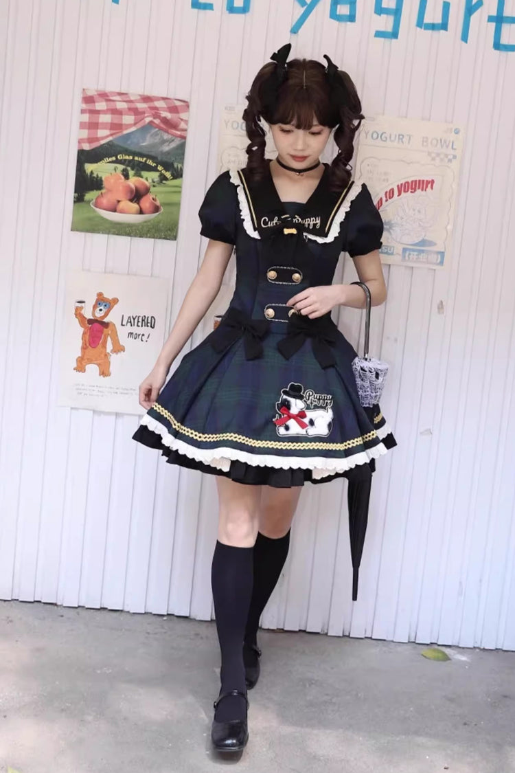 Blue [Dalmatian] Short Sleeves Print Ruffle Bowknot Slim Sweet Lolita Dress