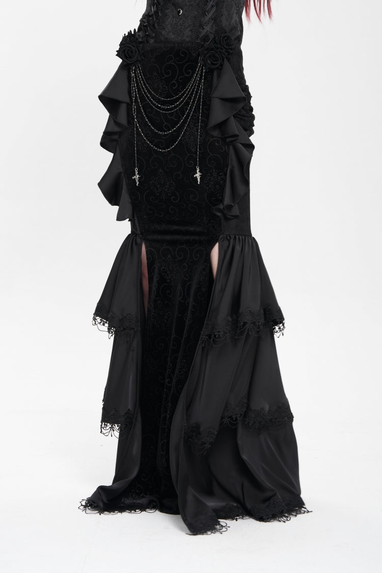 Black Floral Print Lace-Up Rose Chain Women's Gothic Fishtail Skirt
