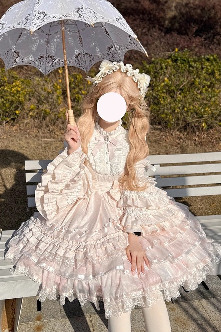 Pink [The Soloist Doll] Long Hime Sleeves Multi-Layered Print Ruffle Bowknot Asymmetric Sweet Lolita Dress