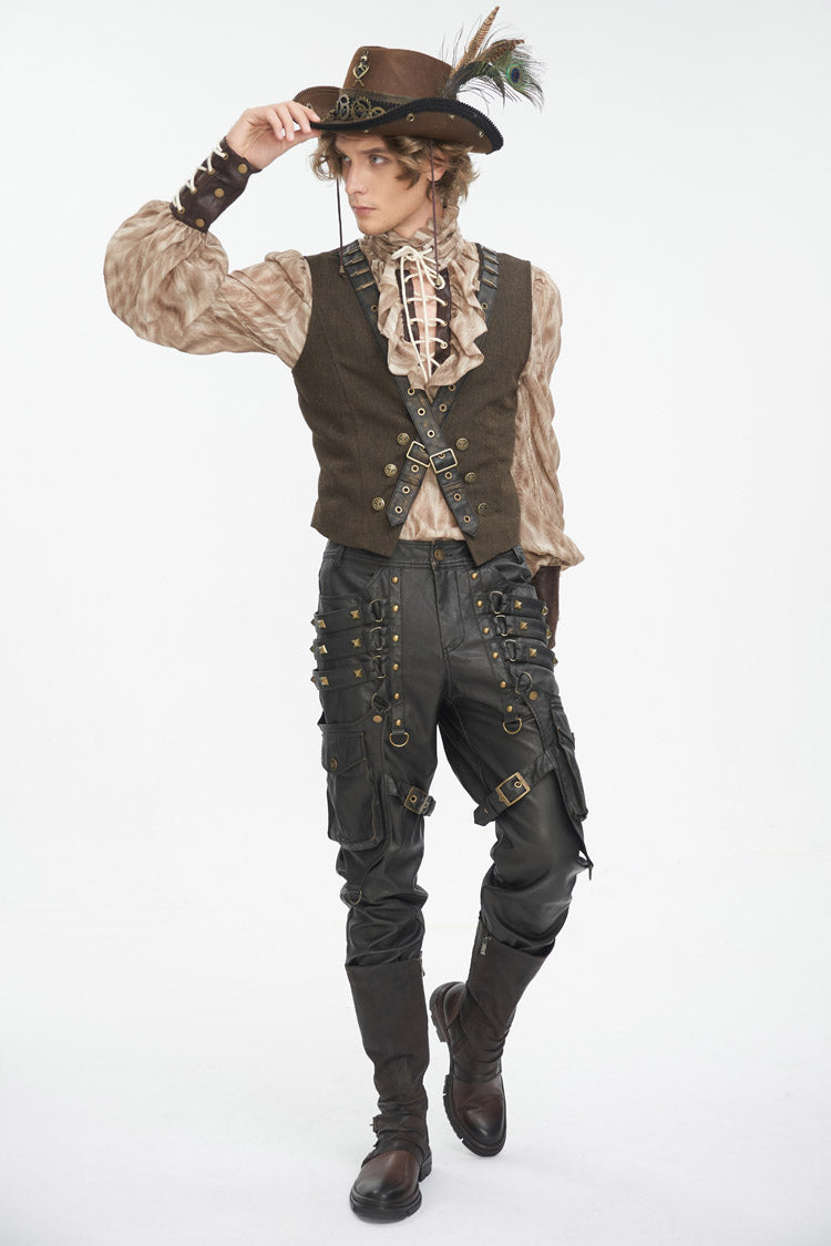 Black Big Pocket Bronze Studded Faux Leather Men's Gothic Pants