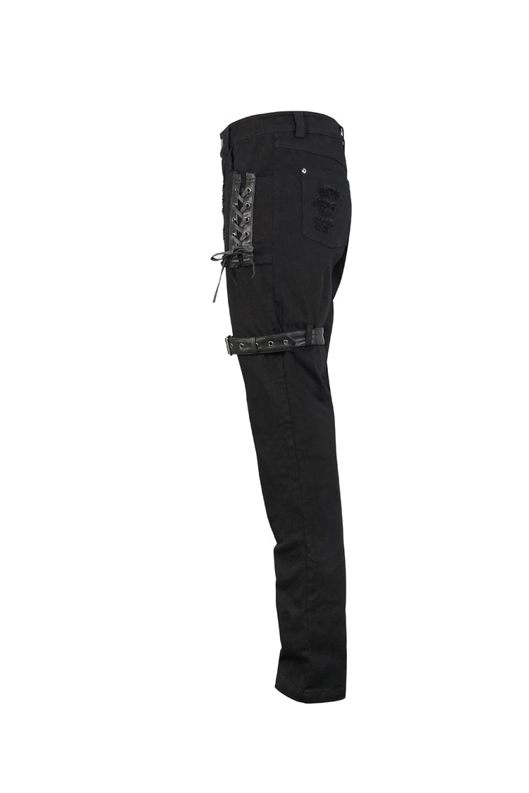 Black Metal Decorative Lace Up Leg Loops Long Men's Punk Pants