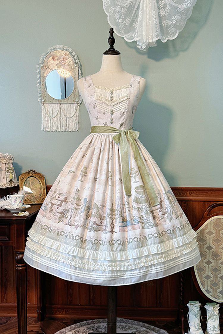 [Iris Study] V-Kragen Ärmellos Print Schleife Spitze Süßes Lolita Pullover Kleid 2 Farben
