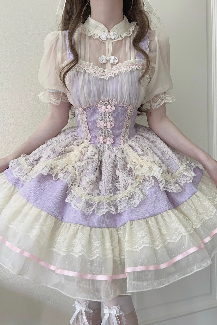 Neckholder-Kleid mit Blumenknospen-Print und Rüschenspitze, süßes Lolita-JSK-Kleid im chinesischen Ballettstil, 3 Farben