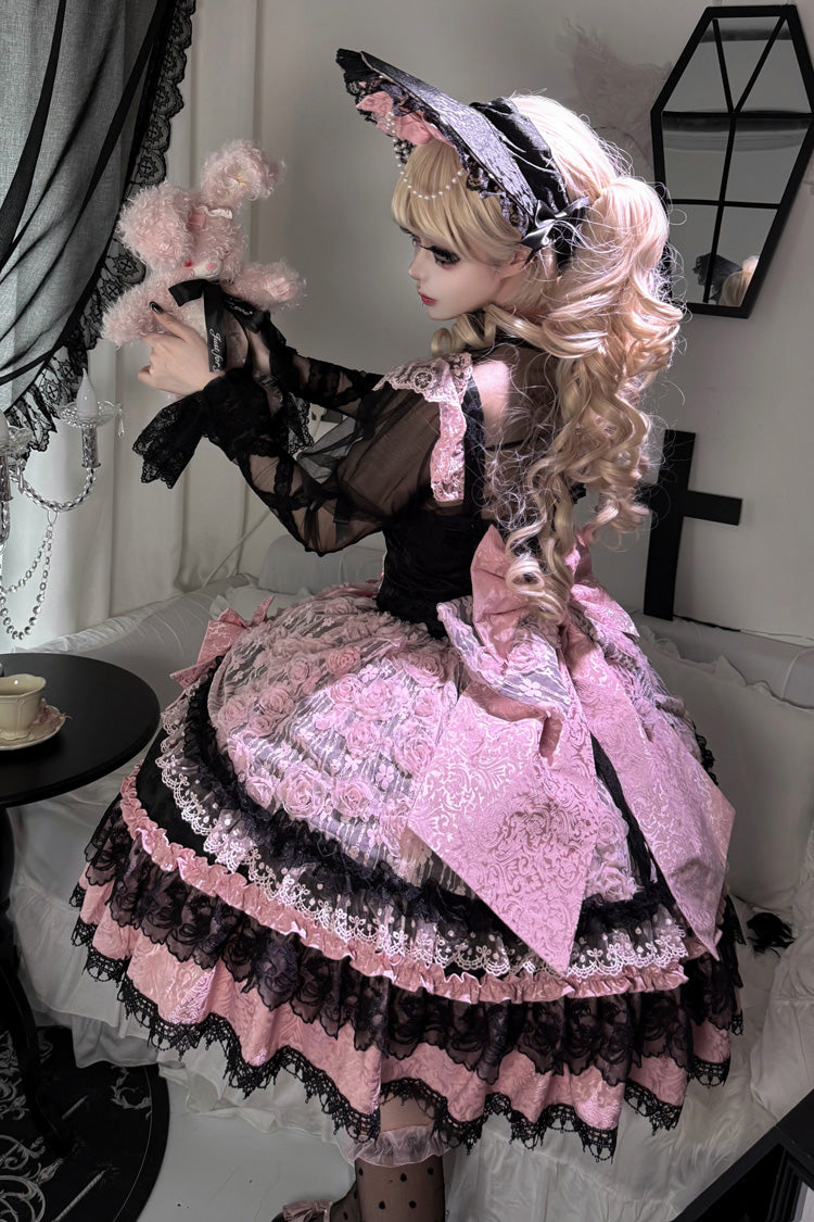 Black/Pink [Rose Princess] Sleeveless Ruffle Bowknot Lace Lace-Up Sweet Ballet Lolita Jsk Dress