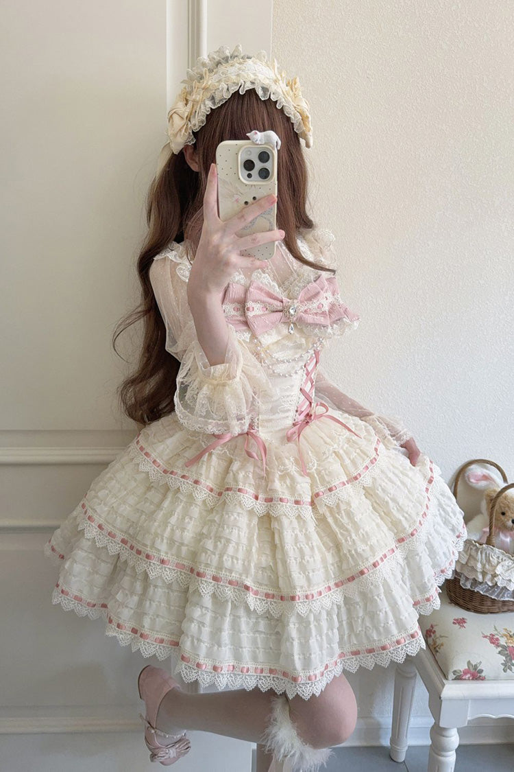 アプリコット [Song of Floral Letters] ノースリーブ トリプルレイヤー リボンレースアップ スウィートロリータ Jsk ドレス 