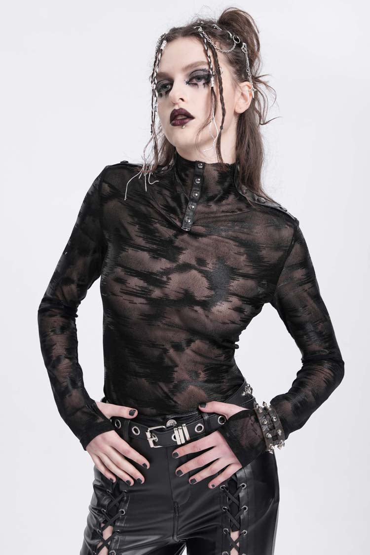 Black Stand Collar Sheer Studded Women's Punk Blouse