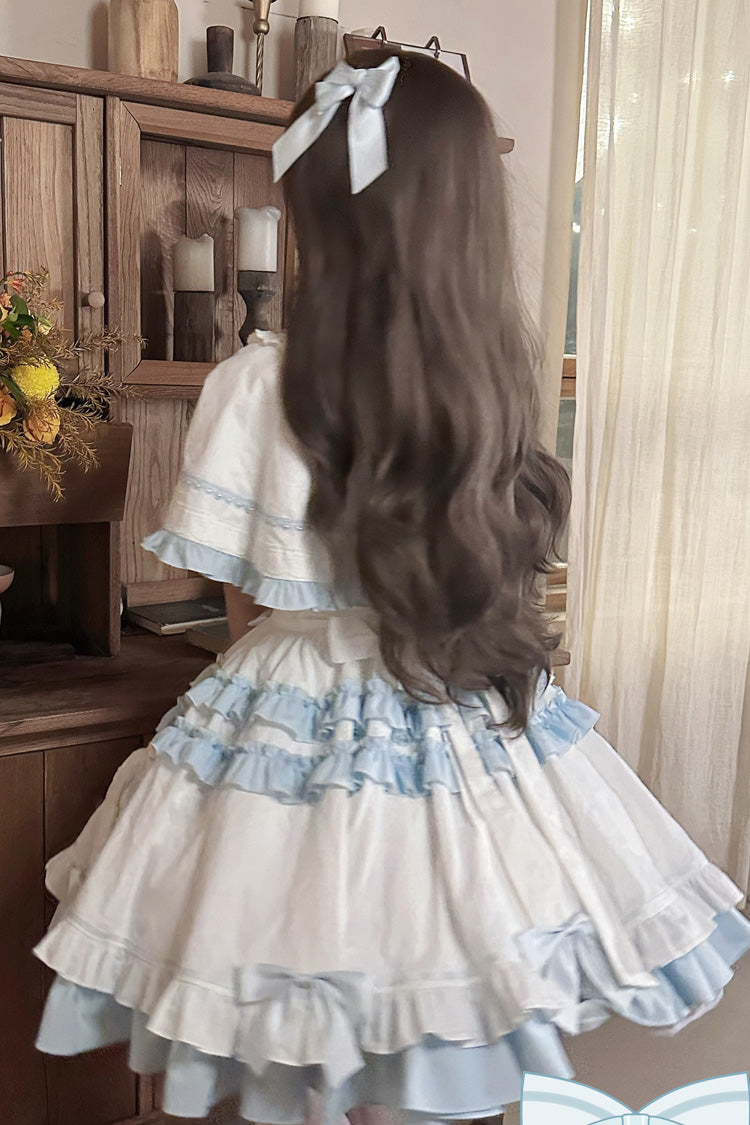 White/Blue [Window Dolls] Multi-Layered Ruffle Love Bowknot Sweet Princess Lolita Jsk Dress with Cape