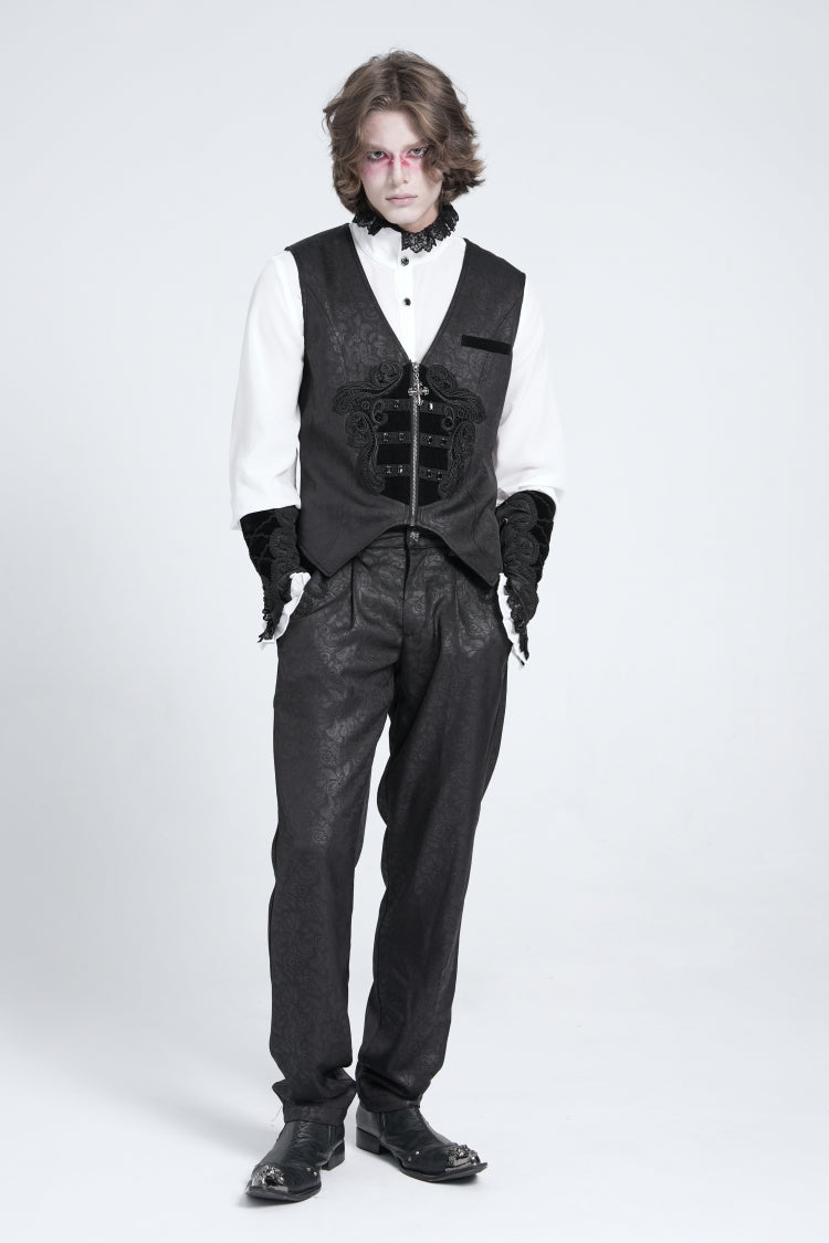 Black Floral Print Embroidery Men's Gothic Suit Pants