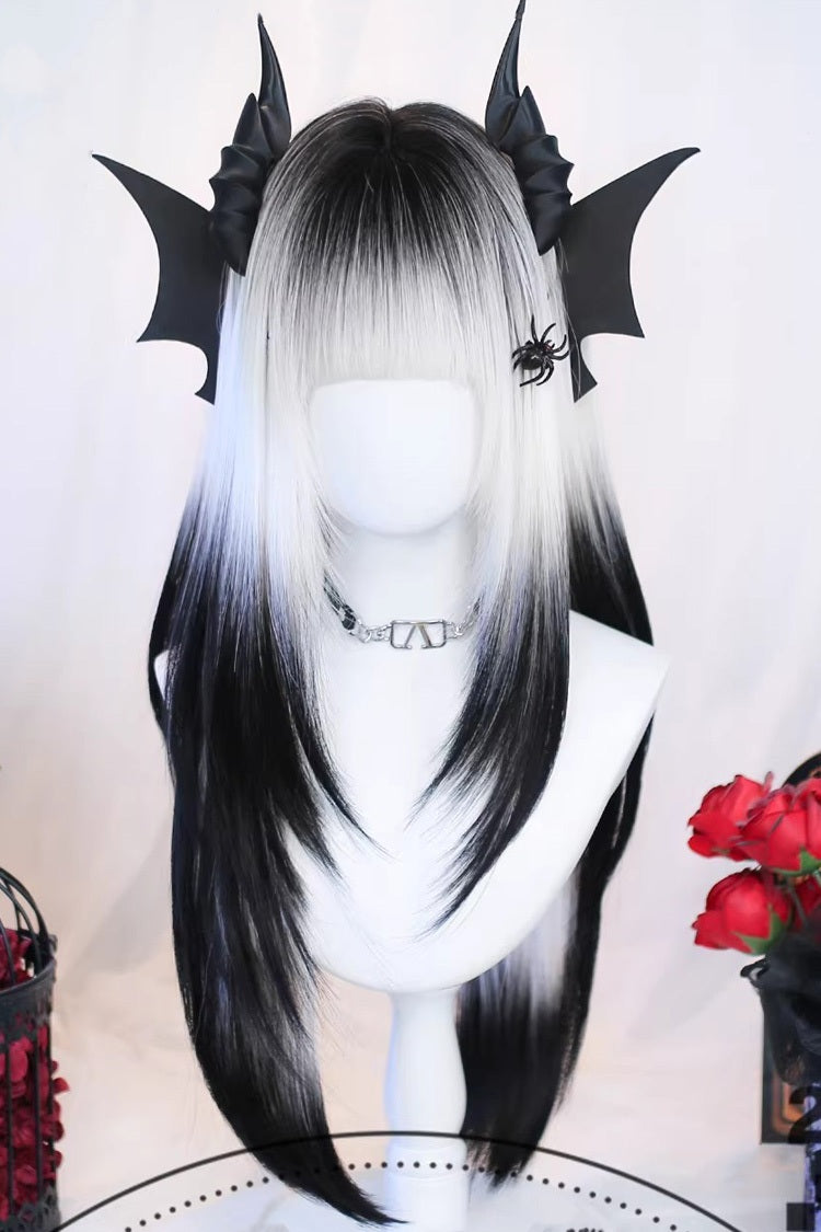 Perruque Longue Droite Gothique Sweet Lolita Dégradé Naturel Noir/Blanc