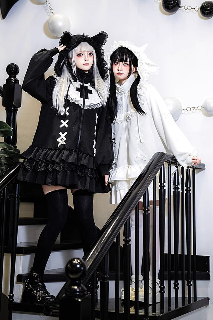 Black Long Sleeves Ruffle Zipper Sweet Handsome Lolita Sweatshirt Coat