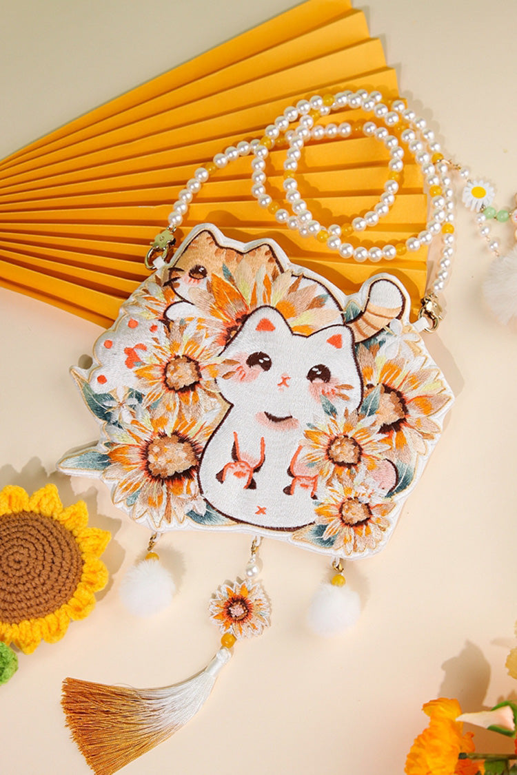 Multi-Color Sunflower Cat Embroidery Pearl Chain Sweet Lolita Crossbody Bag