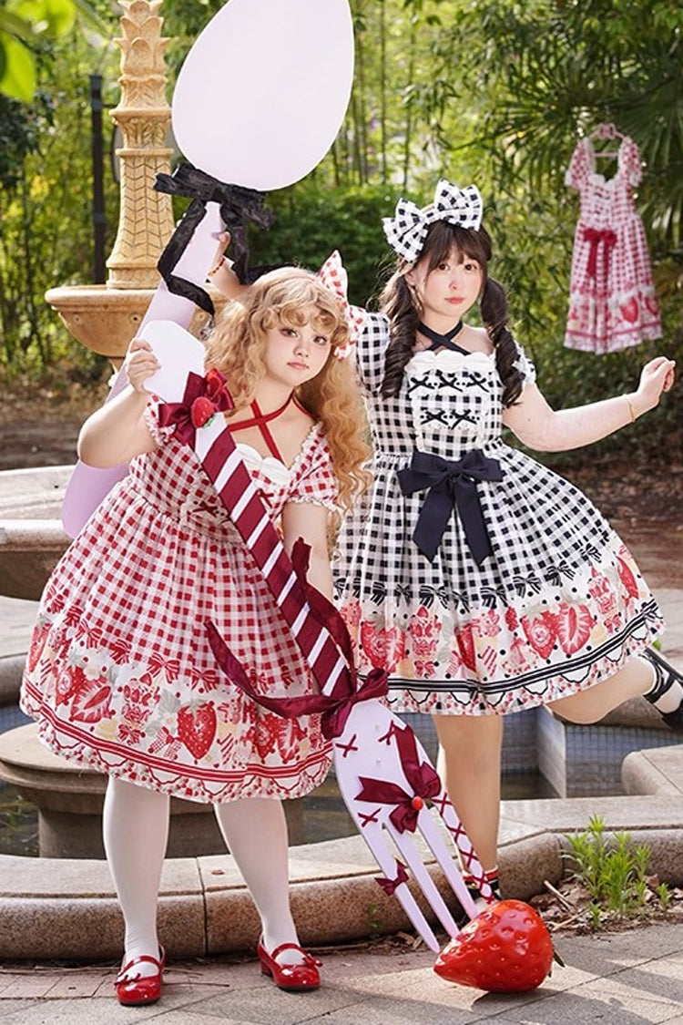 Black Short Sleeves Strawberry Plaid Print Bowknot Sweet Plus Size Princess Lolita Dress