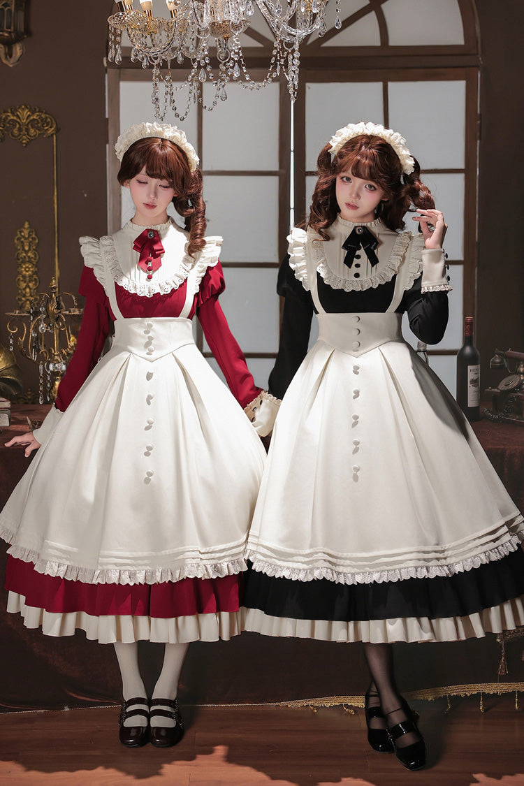 [Miss Lita] Stand Collar Long Lantern Sleeves Triple-Layered Ruffled Classic Elegant Maid Lolita Dress 2 Colors (Red, Black)