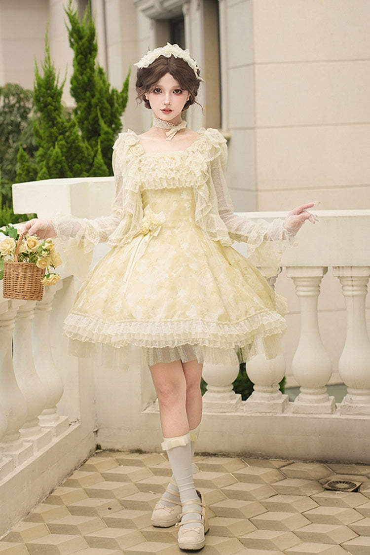 Yellow [Falling Flowers as a Message] Square Collar Flying Sleeves Print Ruffle Lace Sweet Elegant Lolita Short Dress