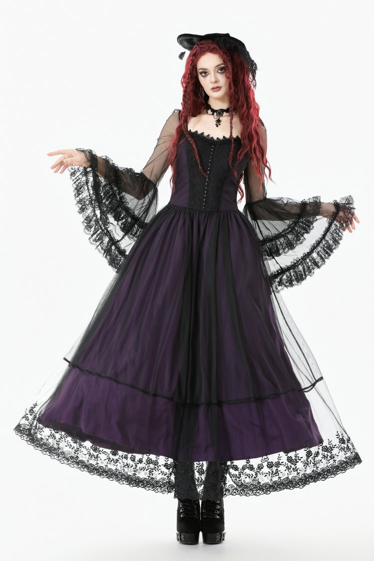 Robe longue gothique violette en dentelle transparente, col carré, double couche, manches longues évasées, lacets, pour femmes