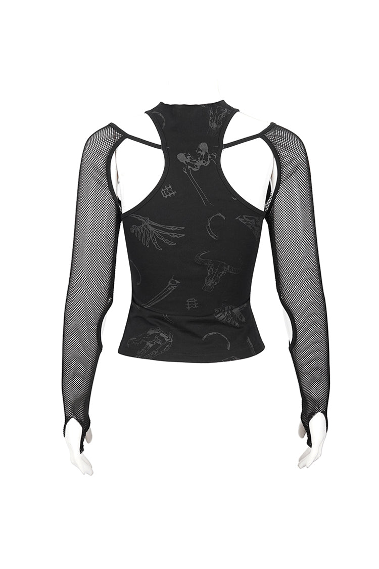 Schwarzes Pentagramm Leder gestreiftes Langarm Gothic Damen T-Shirt