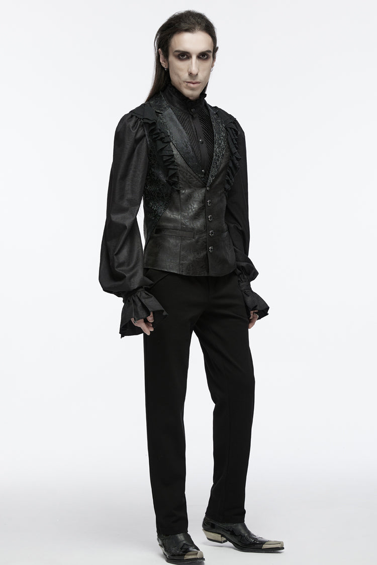 Black Sleeveless Buckle-up Ruffle Men's Gothic Vest