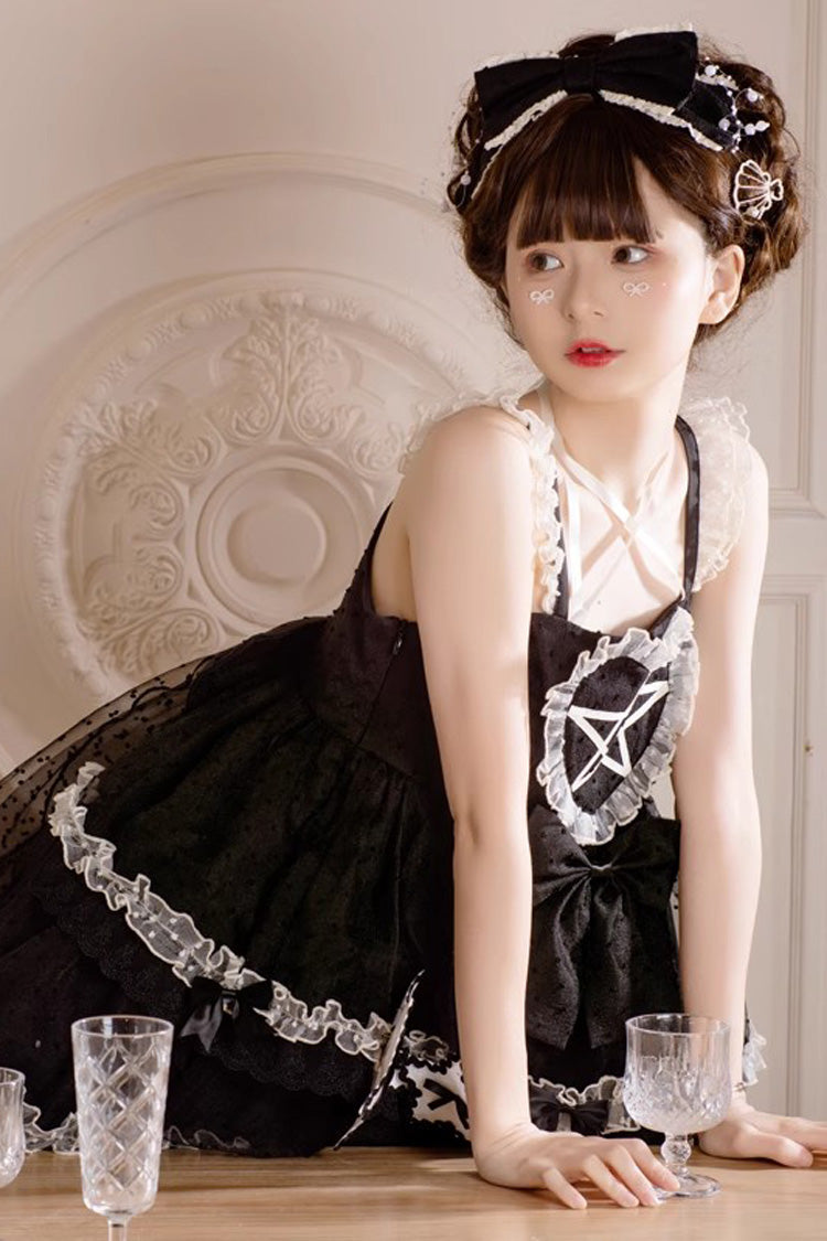 Black [Du Meisha's Star Wish] Sleeveless Triple-Layered Jacquard Ruffle Bowknot Sweet Gothic Lolita Jsk Dress
