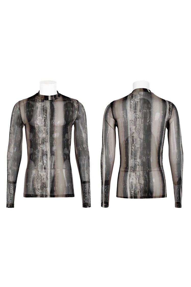 Black/Yellow Punk High Collar Technology Sense Printing Elasticity Tight Long Sleeves Men's Shirt