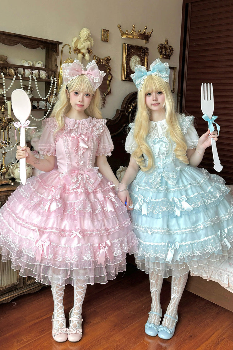 Pink [Lotus Butterfly Heart] Multi-Layered Ruffle Hanayome Bowknot Lace Sweet Lolita Jsk Dress