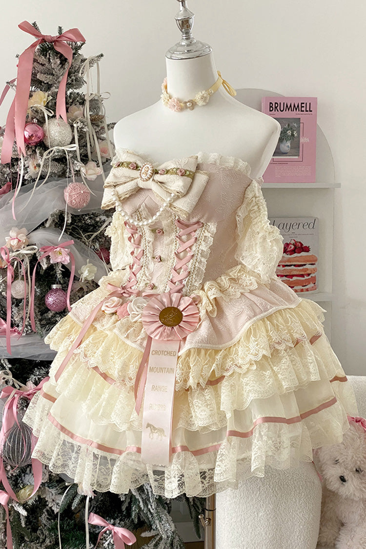 Pink [Sweet Tea Rose Dew] Triple-Layered Ruffle Bowknot Lace Gorgeous Sweet Lolita Skirt