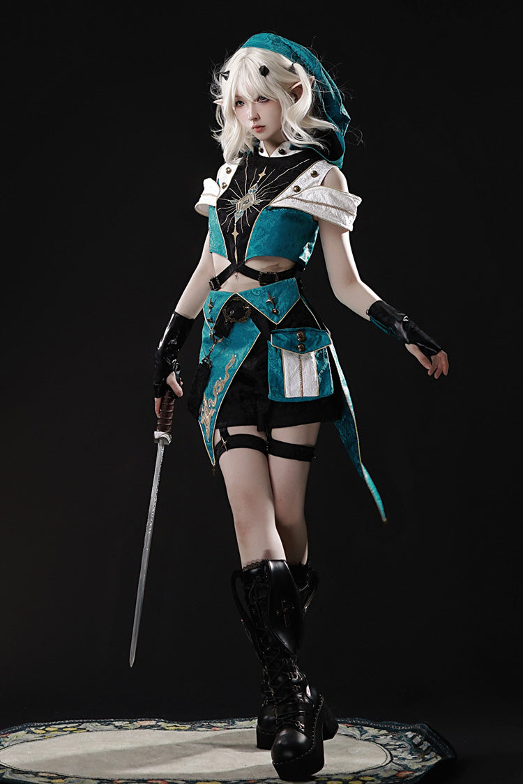 Blue/Green [Traveler’s Outfit] Print Embroidery Hooded Ouji Fashion Sweet Handsome Lolita Set