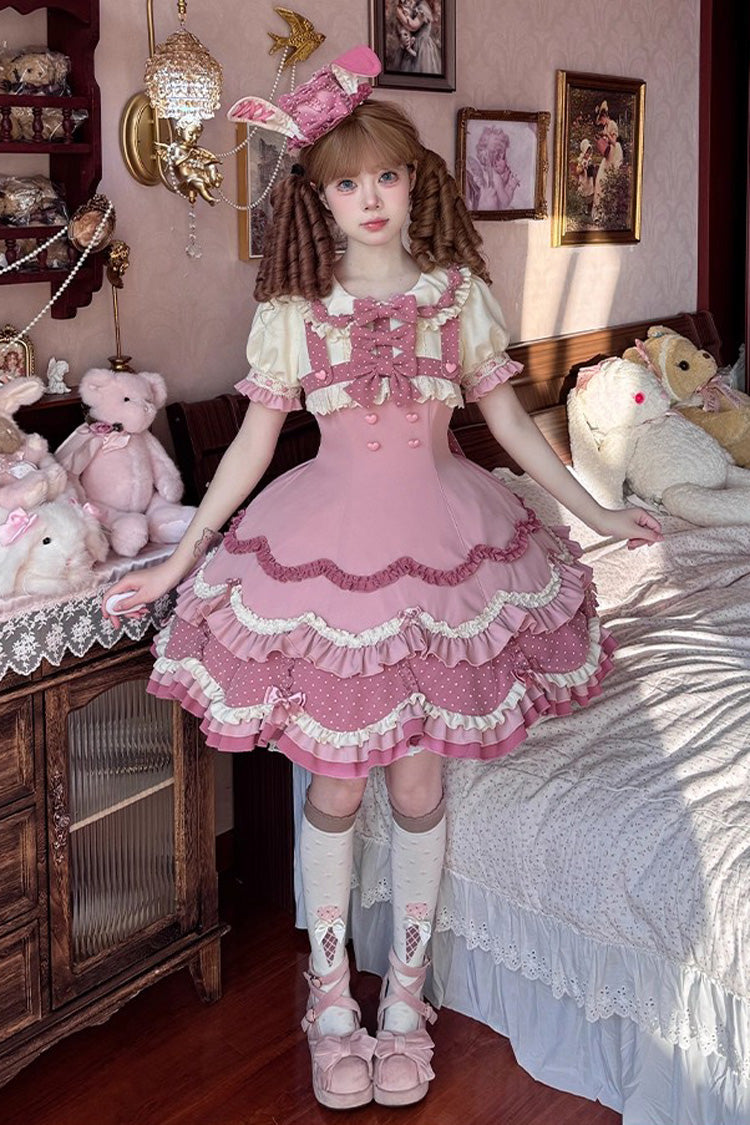 Pink [Bunny Parfait] Short Sleeves Multi-Layered Ruffle Bowknot Sweet Lolita Dress