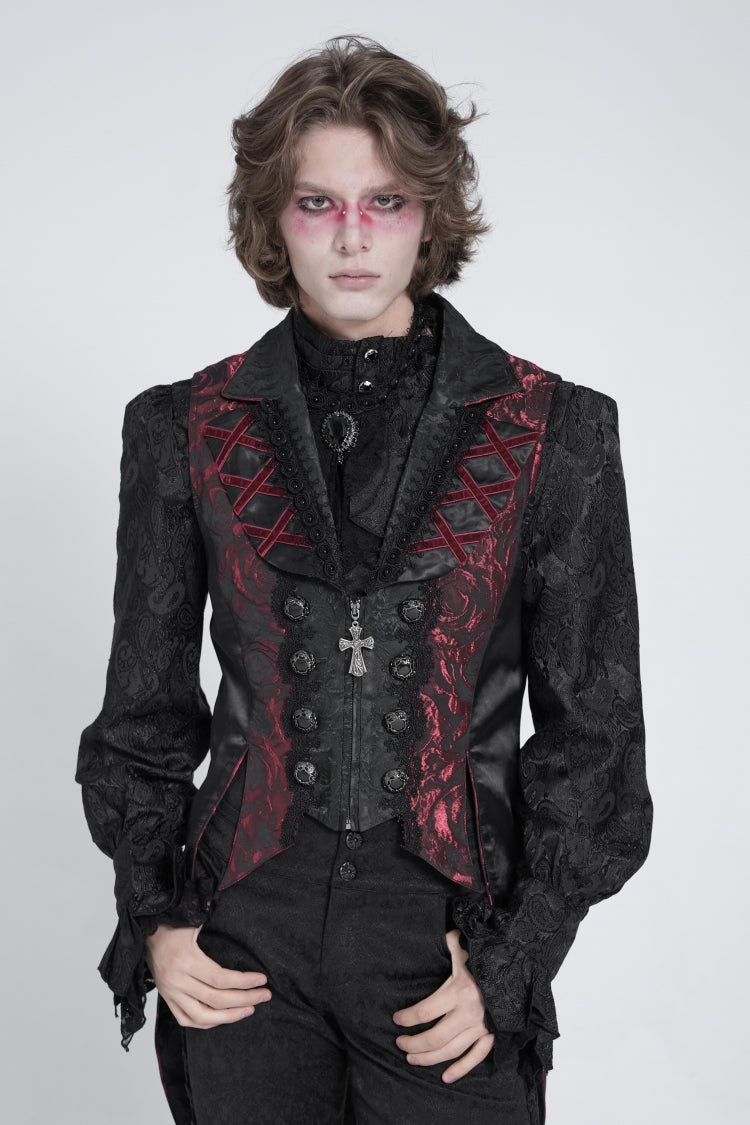 Gilet gothique à queue d'hirondelle pour homme sans manches noir/rouge avec laçage et fermeture éclair 