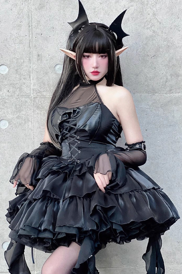 Pure Black Little Devil Sexy Princess Slim Gothic Lolita Strapless Tiered Dress
