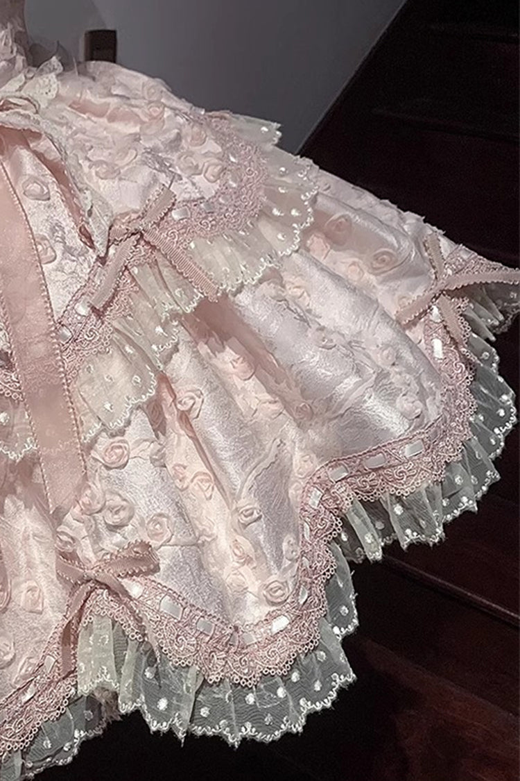 Pink [Floral Overture] Double-Layered Ruffle Embroidery Bowknot Lace Sweet Lolita Jsk Dress