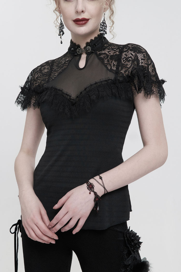 Schwarzes, schlankes T-Shirt für Damen im chinesischen Stil mit V-Ausschnitt, Nagelbohrer, Brustnähten, Mesh, Raglanärmeln, Gothic-Cheongsam-Stil