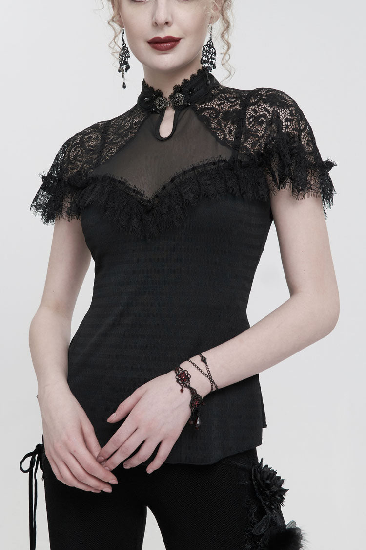 Black Chinese Style V-Neck Nail Drill Chest Stitching Mesh Raglan Sleeves Gothic Cheongsam Style Women's Slim T-Shirt