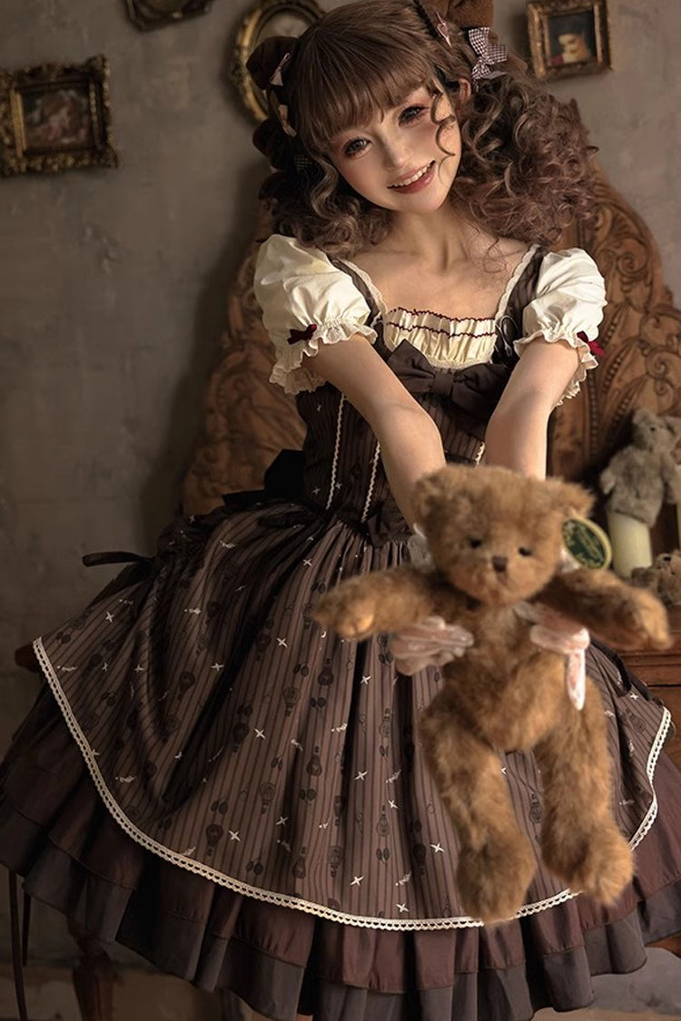 Brown Moro Coco [Hot Air Balloon] Print Ruffle Bowknot Sweet Elegant Princess Lolita Dress