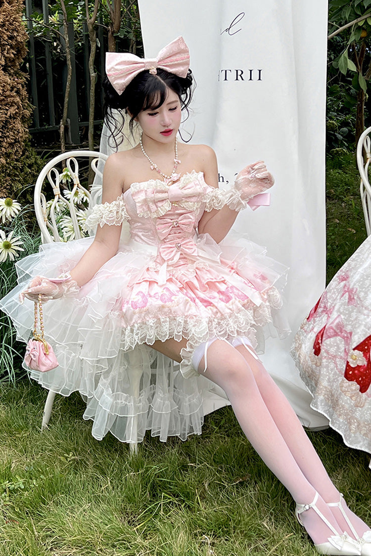 Pink [True Love Strawberry] Print Off Shoulder Sleeveless Ruffle Bowknot Lace Sweet Princess Lolita Dress Set