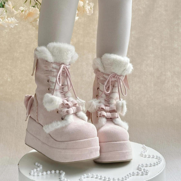 Pink Cute Platform Thick-Soled Bowknot Lace-Up Sweet Lolita Plush Boots
