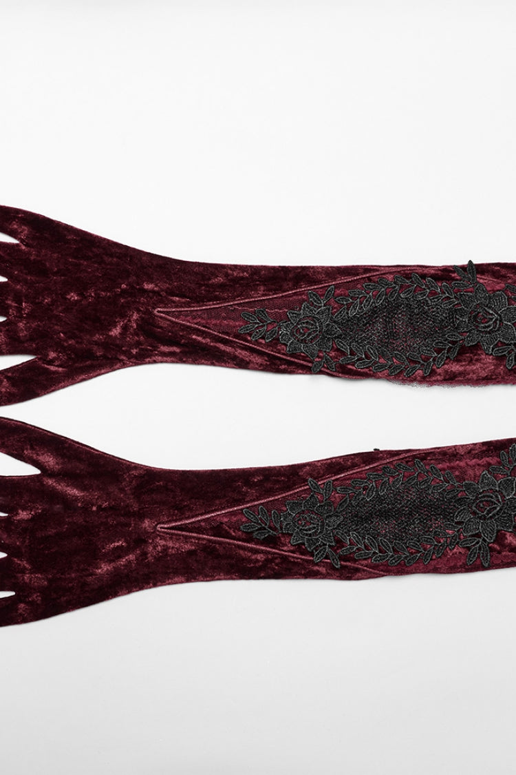 Red Floral Embroidery Lace-Up Women's Gothic Gloves