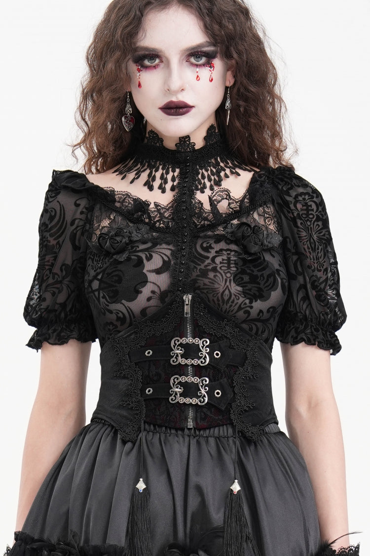 Black Embroidered Lace Lace-Up Slim Fit Zippered Women's Gothic Tassels Luxurious Royal Underbust Corset