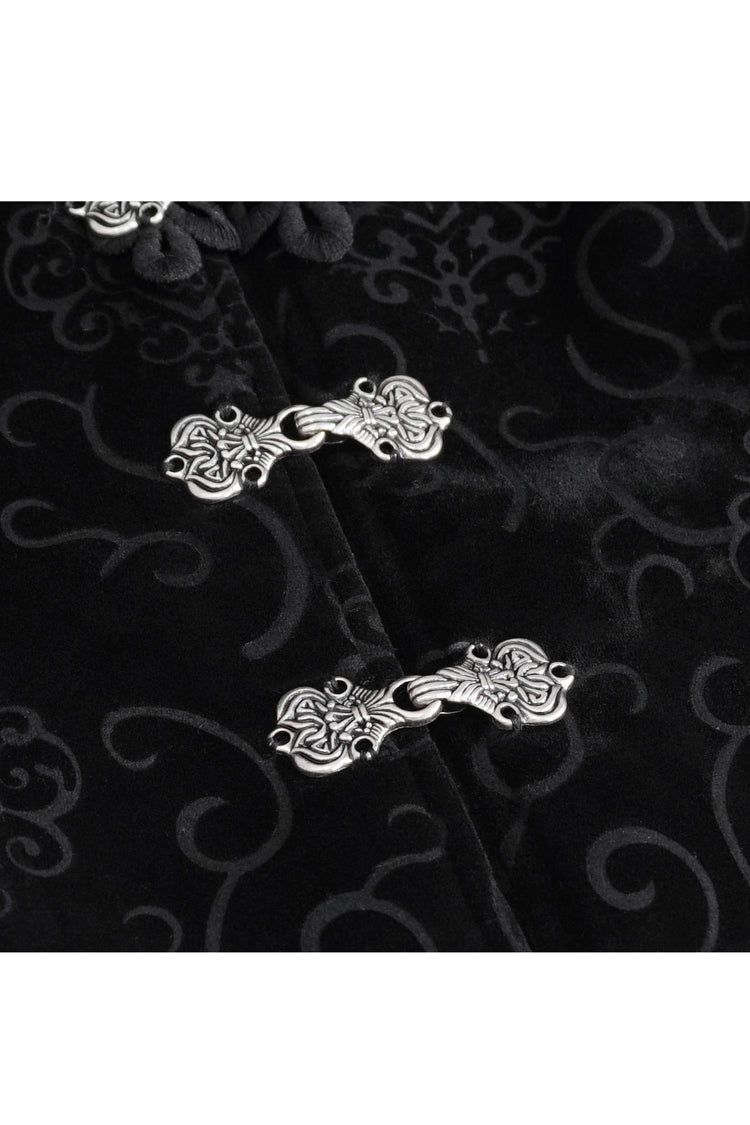 Schwarze Gothic-Bluse mit langen Trompetenärmeln und Spitzennähten für Damen