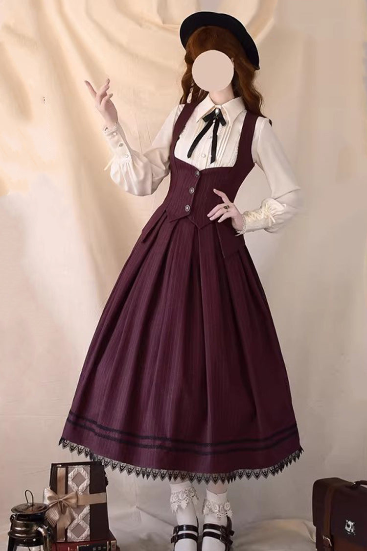 Red [Griffin’s Pact] Striped Printed Ruffled Gothic Lolita Skirt Vest Set