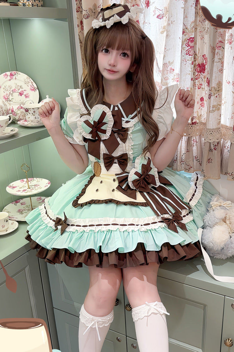 Cookies Kurzarm Maid Rüschen Bowknot Süßes Lolita Stufenkleid 2 Farben