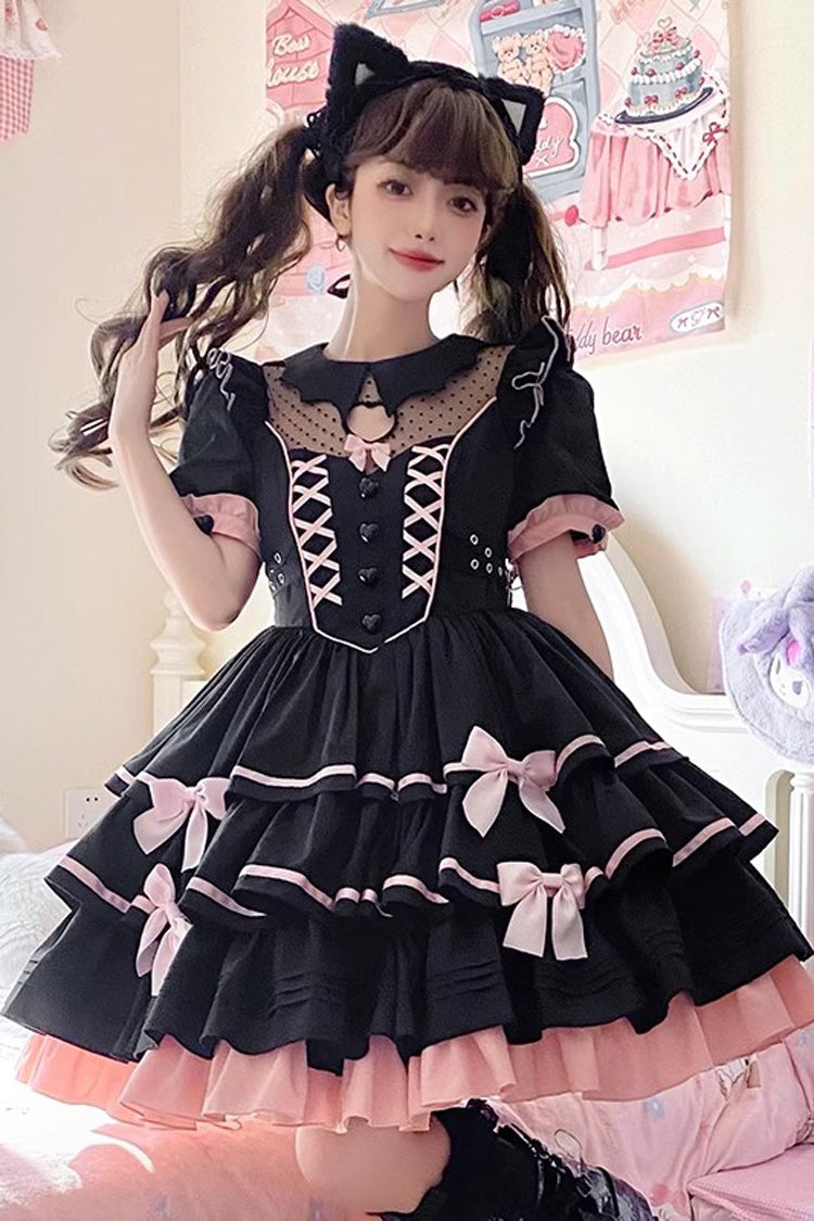 Black/Pink Short Sleeves Multi-layer Ruffle Bowknot Sweet Lolita Dress