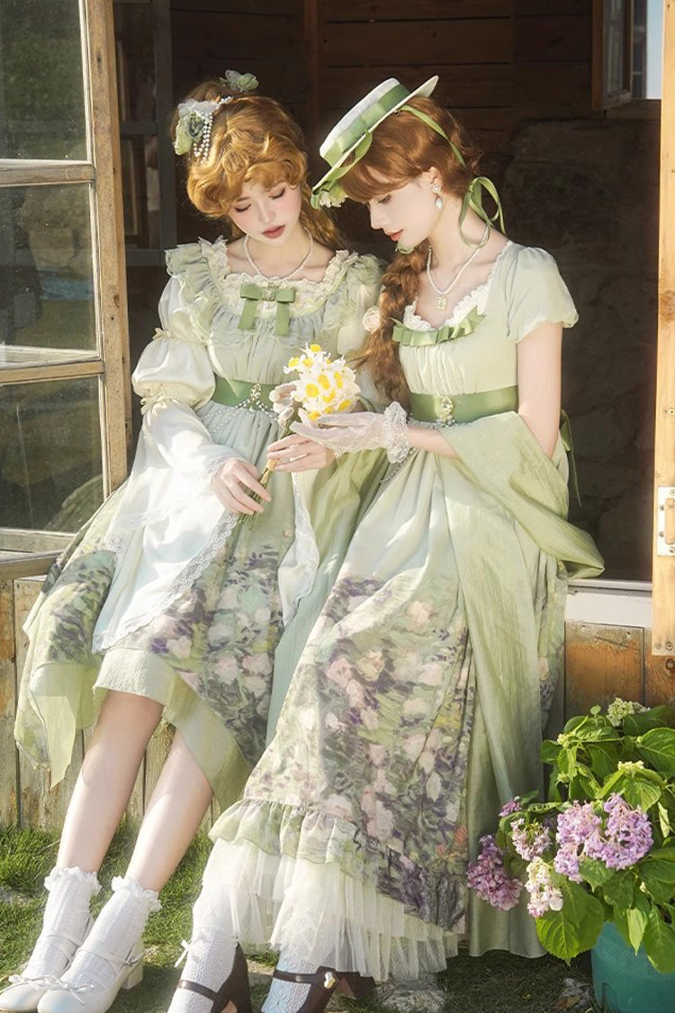 Green [Blooming Roses] Print Oil Painting Chiffon Ruffle Bowknot Irregular Sweet Lolita Jsk Dress