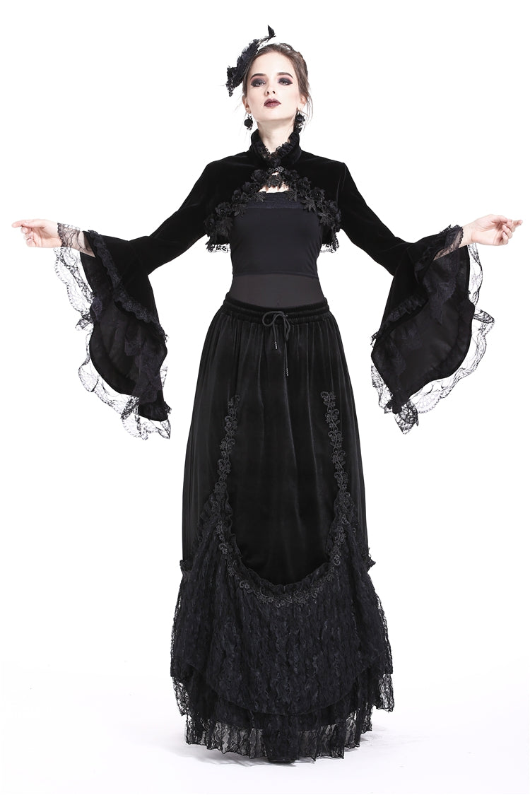 Boléro gothique pour femmes, col montant en dentelle noire, manches longues trompette multicouches, Rosette en velours