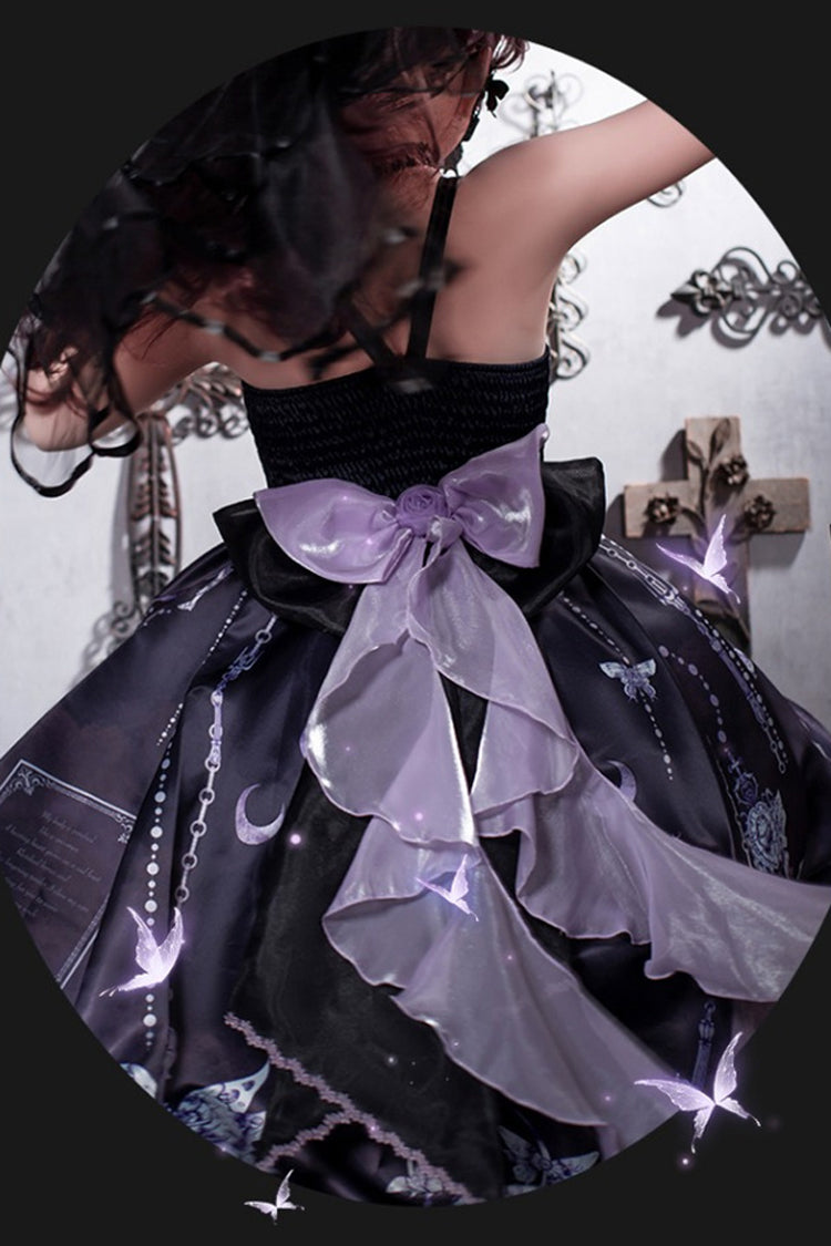 Black [Feast of Bones] Halterneck Multi-Layered Print Ruffle Lace Gothic Elegant Lolita Jsk Dress