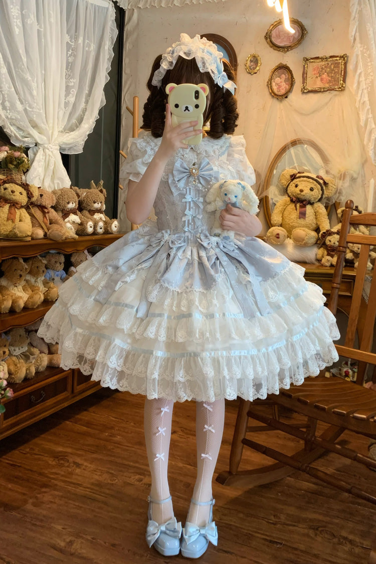 Blue [Snow Kissed Romance] Sleeveless High Waisted Multi-Layered Bowknot Lace Pearl Sweet Ballet Lolita Jsk Dress