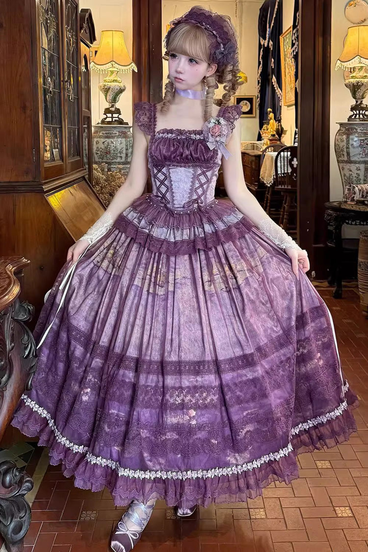 Purple [Mist-shrouded Vineyard] Sleeveless Ruffle Bowknot Lace-Up Sweet Lolita Jsk Skirt Dress Set