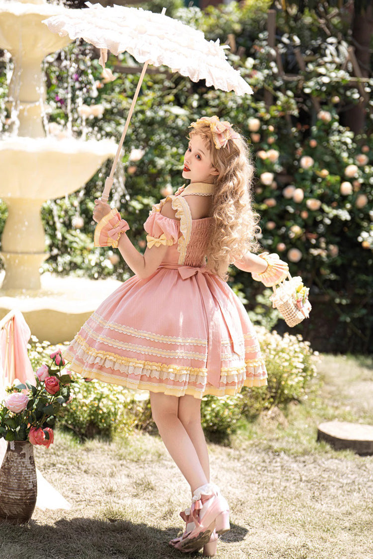 Pink Short Sleeves Tulip Print Ruffle Bowknot Sweet Lolita Dress